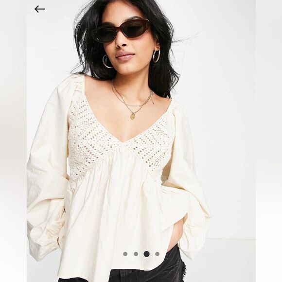 ASOS DESIGN v neck crochet top with frill sleeve and peplum hem in white - Picture 4 of 4